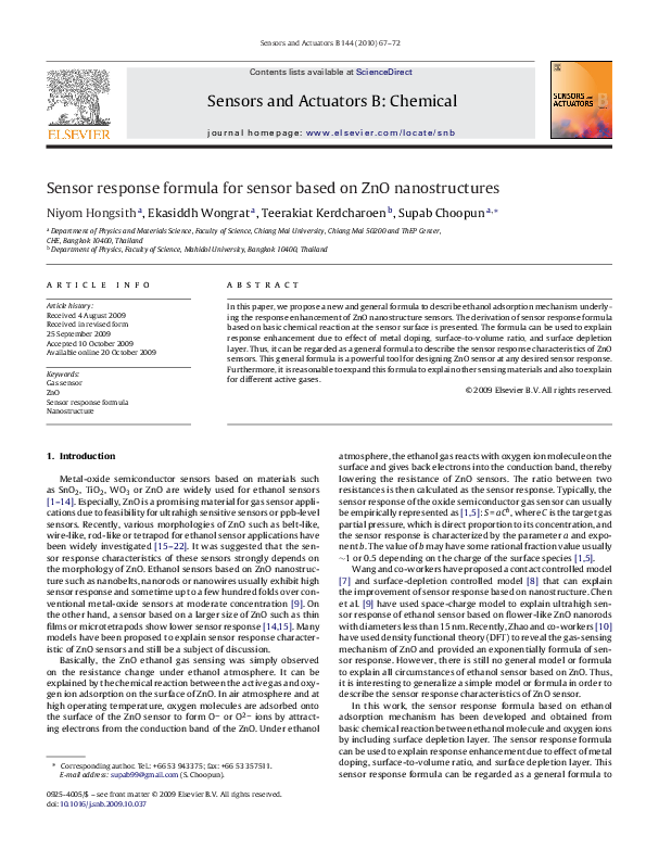 (PDF) Sensor response formula for sensor based on ZnO nanostructures