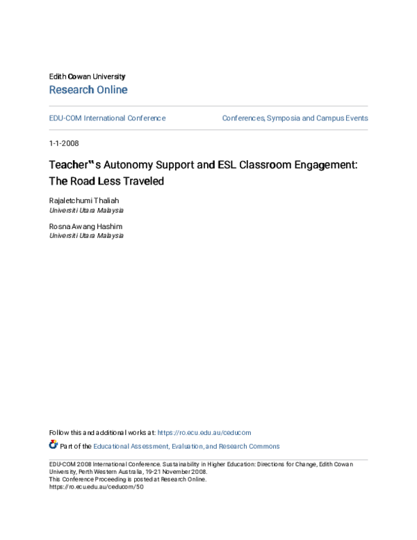 (PDF) Teacher‟ s Autonomy Support and ESL Classroom Engagement: The ...