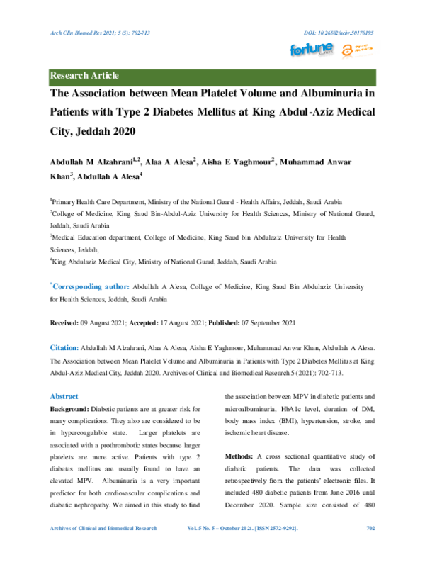 (PDF) The Association between Mean Platelet Volume and Albuminuria in ...