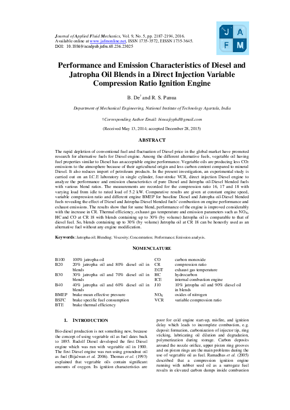 (PDF) Performance and Emission Characteristics of Diesel Engine Fuelled ...