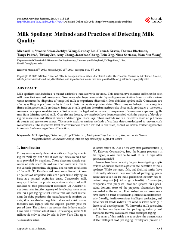 (PDF) Milk Spoilage: Methods and Practices of Detecting Milk Quality