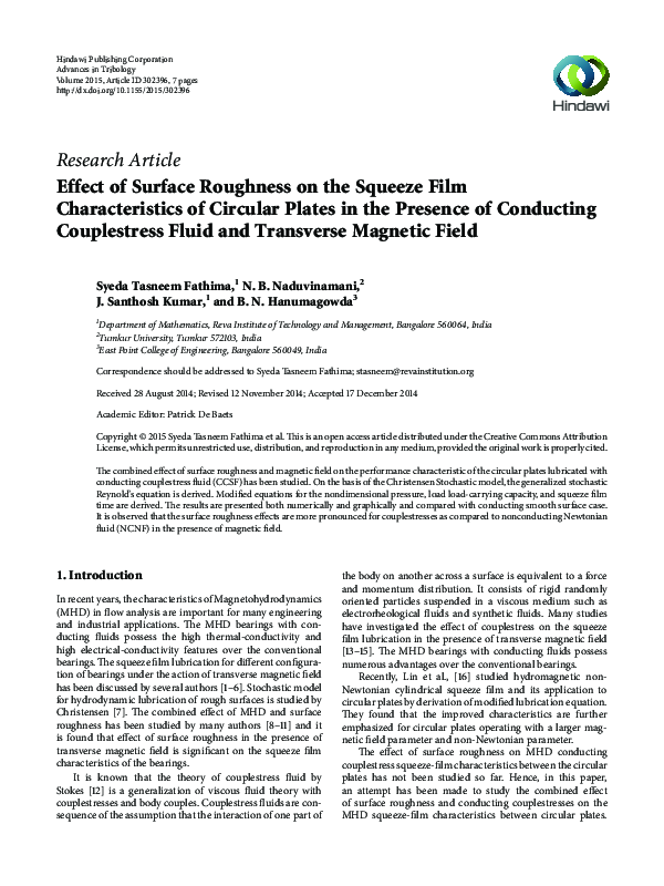 (PDF) Effect of Surface Roughness on the Squeeze Film Characteristics ...