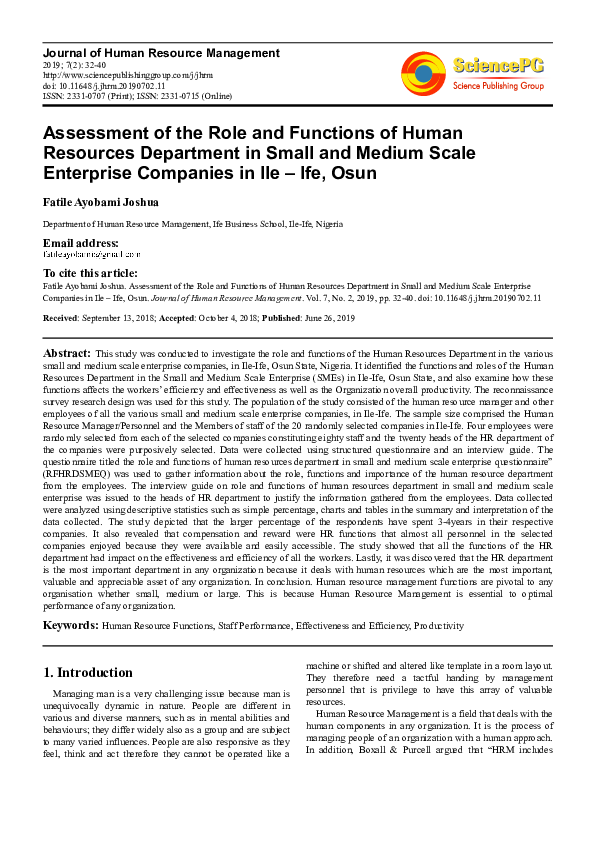(PDF) Assessment of the Role and Functions of Human Resources ...