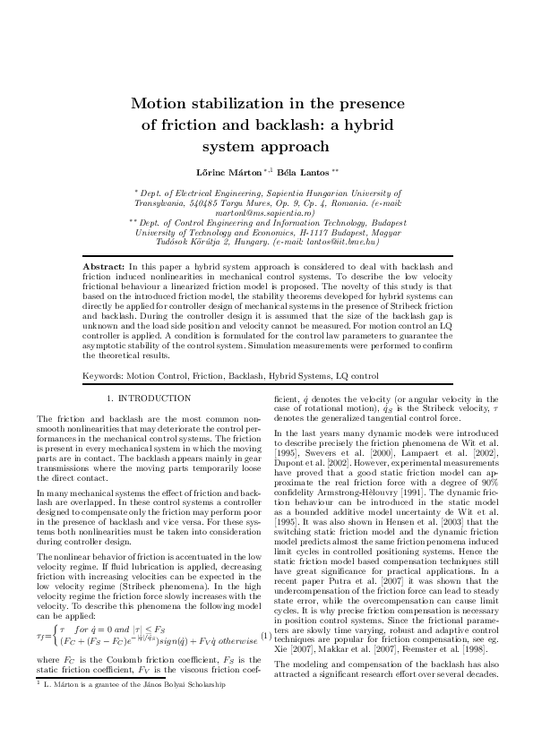 (PDF) Motion stabilization in the presence of friction and backlash: a ...