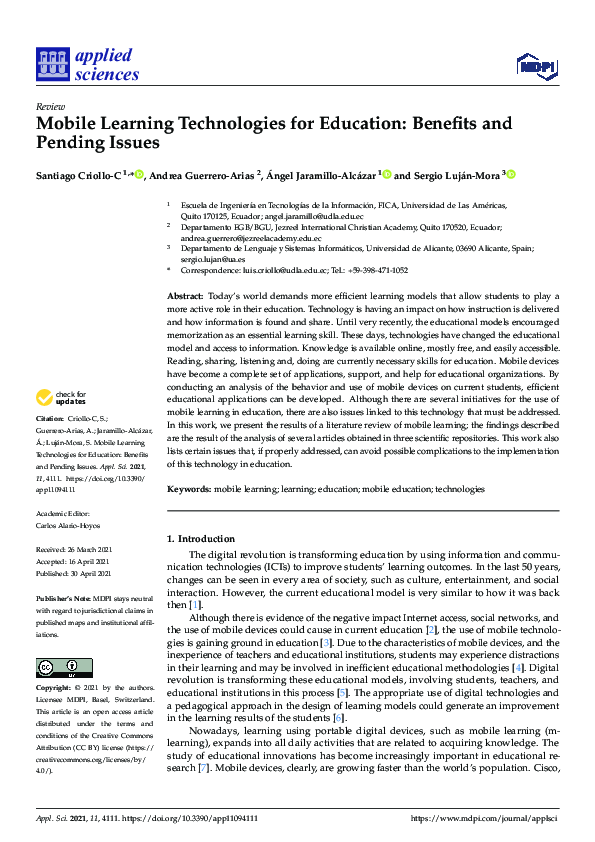 (PDF) Mobile Learning Technologies for Education: Benefits and Pending ...