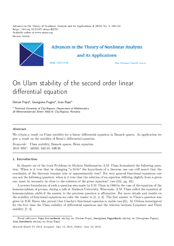 (PDF) On Ulam Stability of the Second Order Linear Differential Equation