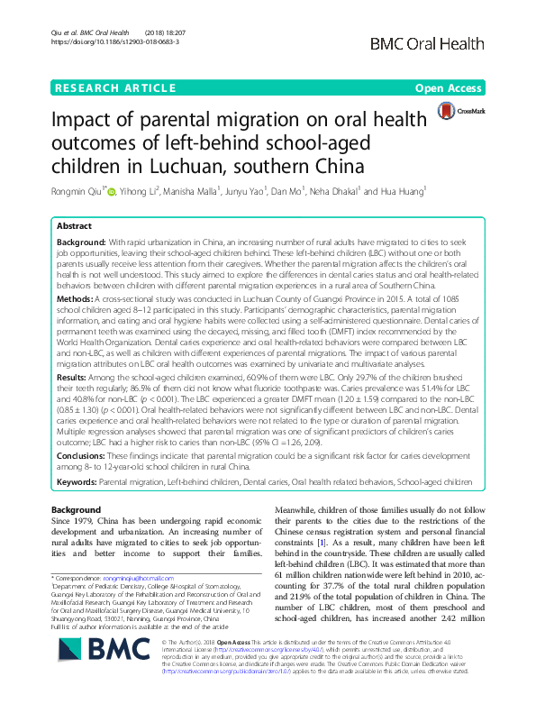 (PDF) Impact of parental migration on oral health outcomes of left ...