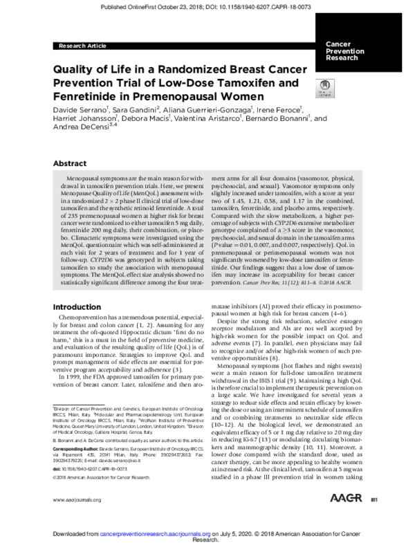 (PDF) Quality of Life in a Randomized Breast Cancer Prevention Trial of ...