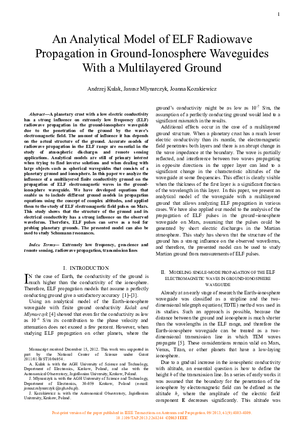 (PDF) An Analytical Model of ELF Radiowave Propagation in Ground ...