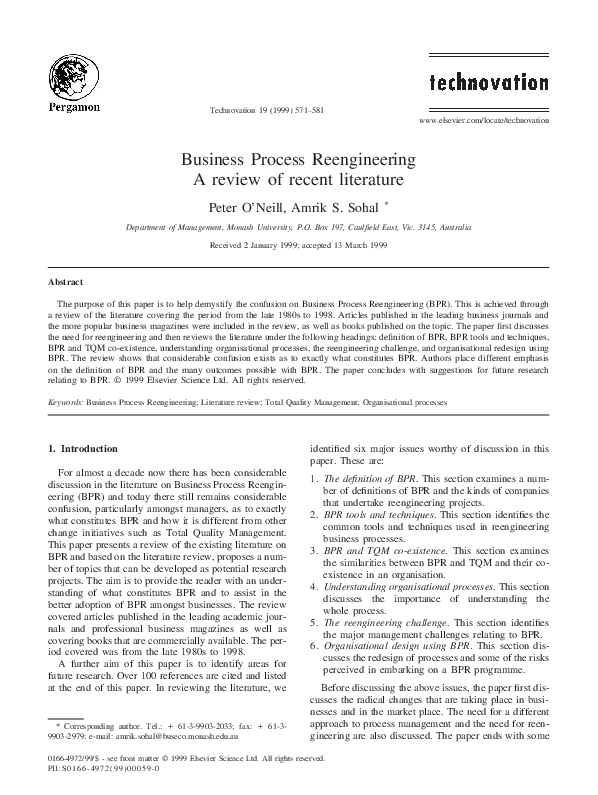 (PDF) Business Process Reengineering A review of recent literature