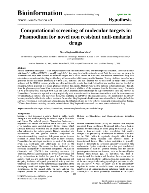 (PDF) Computational screening of molecular targets in Plasmodium for ...