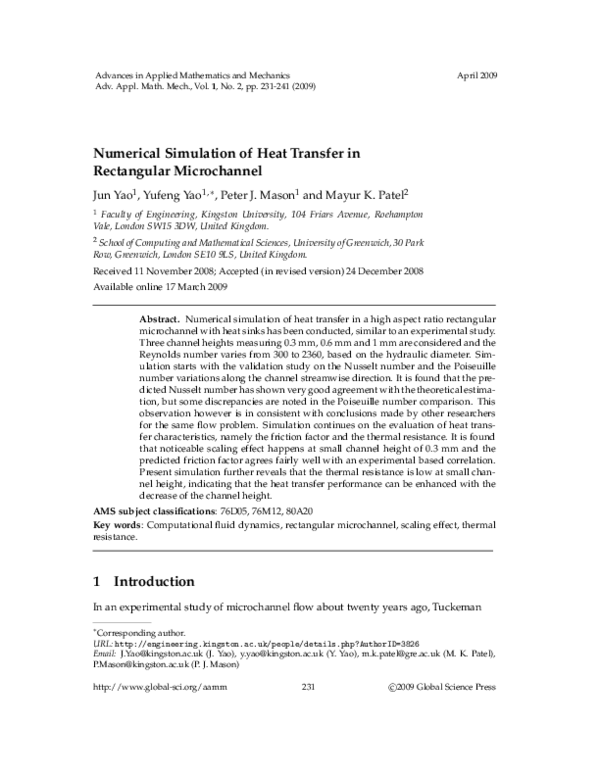 (PDF) Numerical simulation of heat transfer in rectangular microchannel