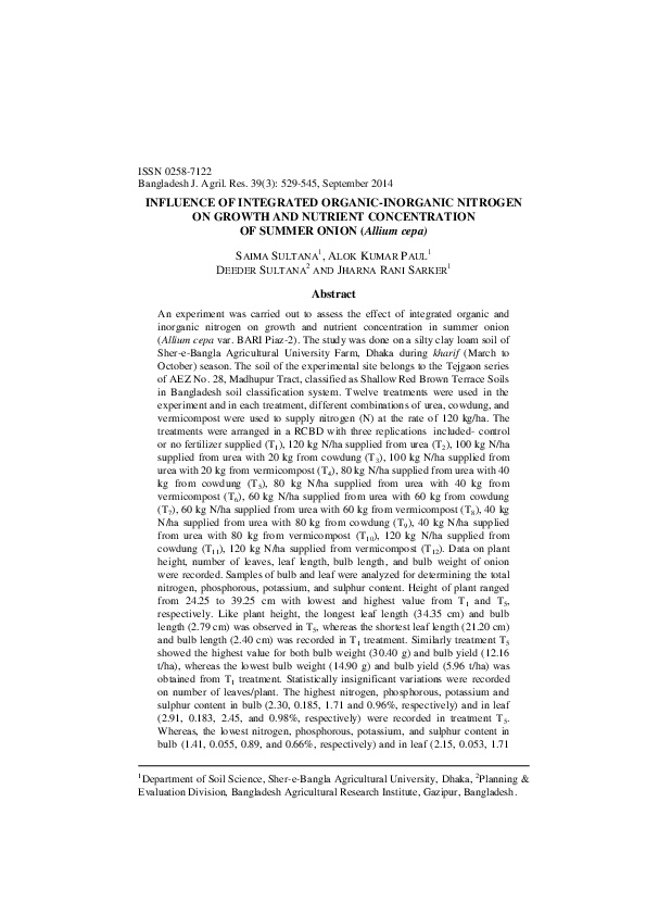 (PDF) Influence of integrated organic-inorganic Nitrogen on growth and ...