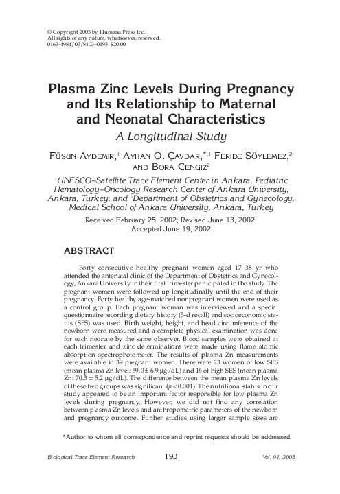 (PDF) Plasma Zinc Levels During Pregnancy and Its Relationship to ...