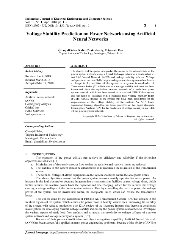 (PDF) Voltage Stability Prediction on Power Networks using Artificial ...