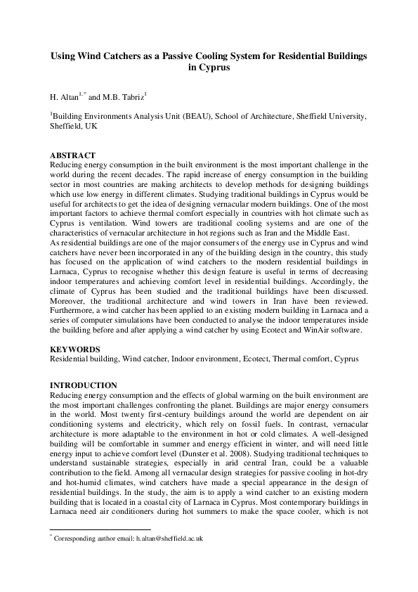 (PDF) Using Wind Catchers as a Passive Cooling System Haşim Altan