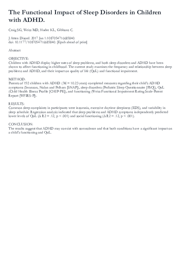(PDF) The Functional Impact of Sleep Disorders in Children With ADHD