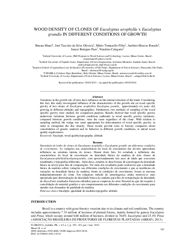 (PDF) WOOD DENSITY OF CLONES OF Eucalyptus urophylla x Eucalyptus ...