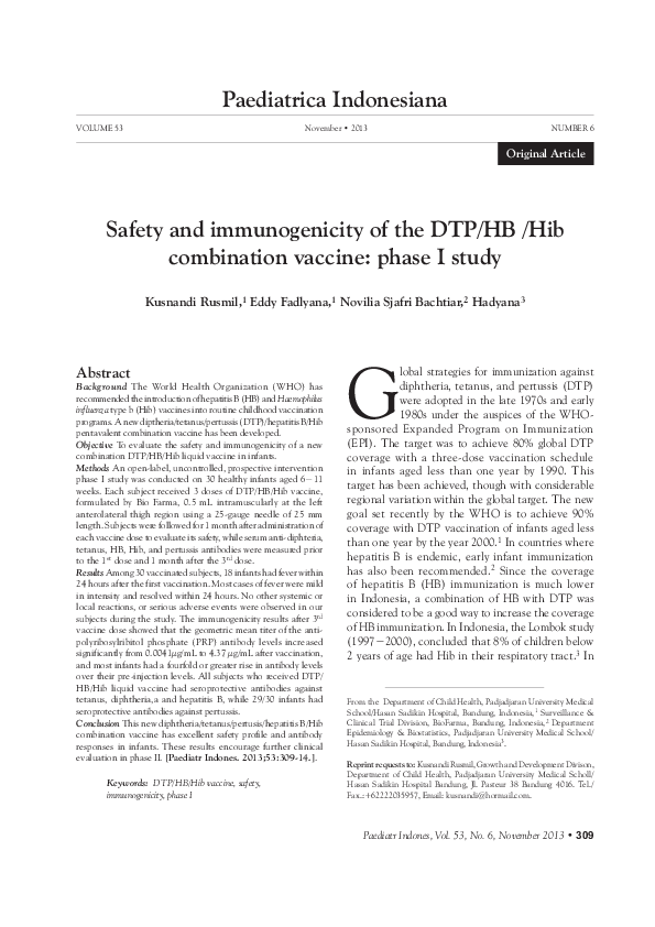 (PDF) Safety and immunogenicity of the DTP/HB /Hib combination vaccine ...