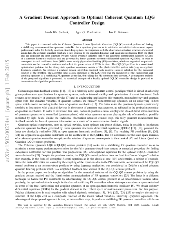 (PDF) A gradient descent approach to optimal coherent quantum LQG ...