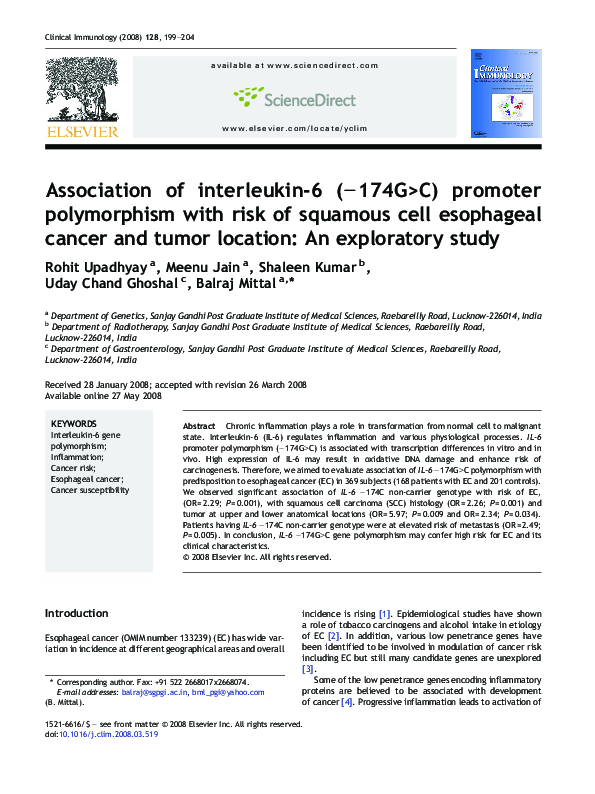 (PDF) Association of interleukin-6 (−174G>C) promoter polymorphism with ...