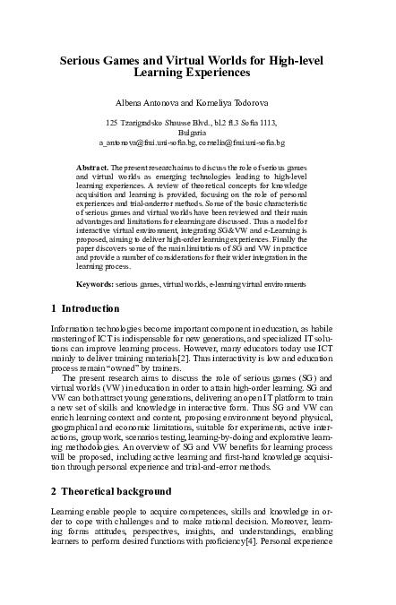(PDF) Serious Games and Virtual Worlds for High-level Learning Experiences