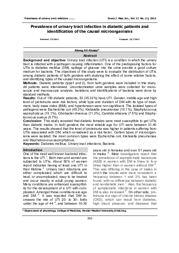 (PDF) Prevalence of urinary tract infection in diabetic patients and ...