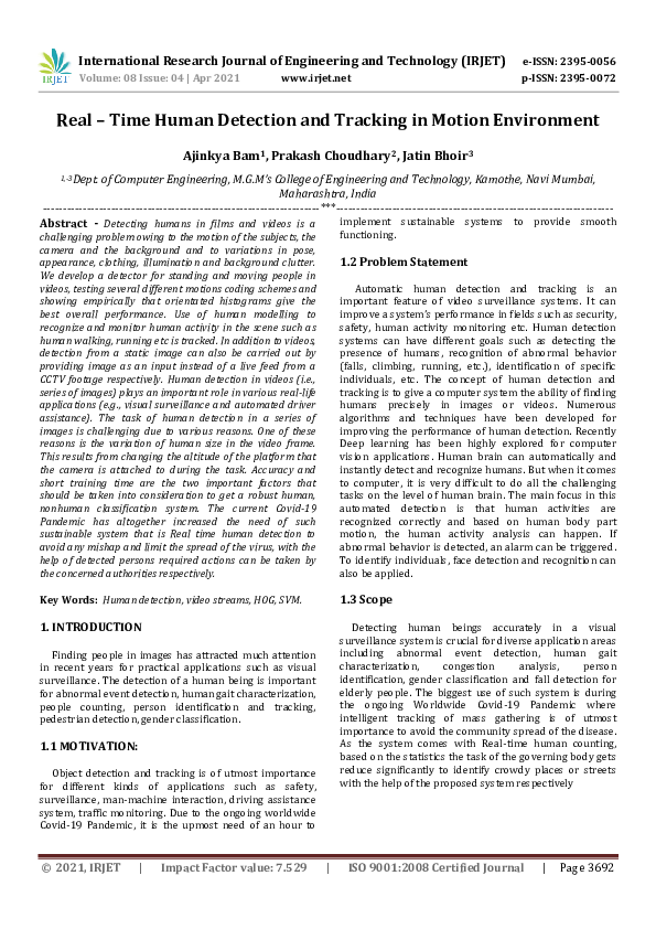 (PDF) IRJET- Real -Time Human Detection and Tracking in Motion Environment