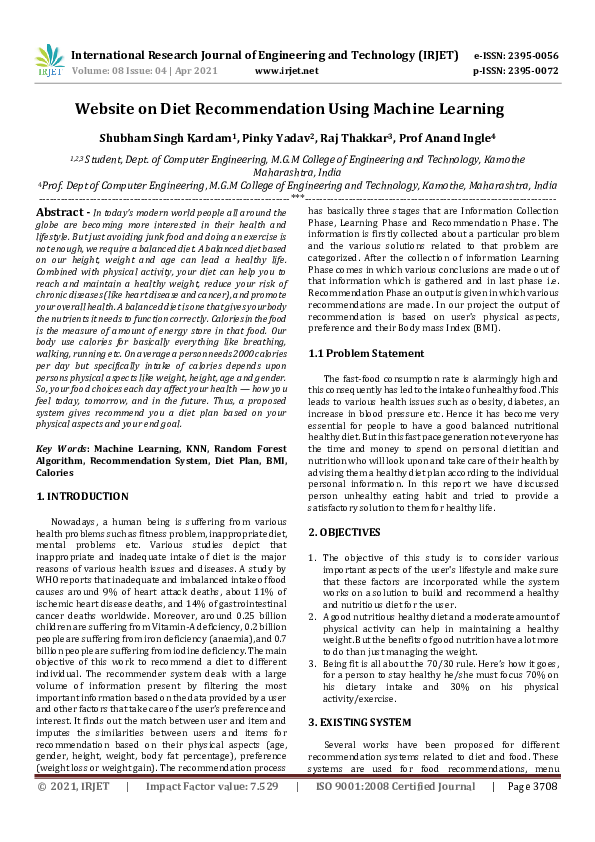 (PDF) IRJET- Website on Diet Recommendation Using Machine Learning