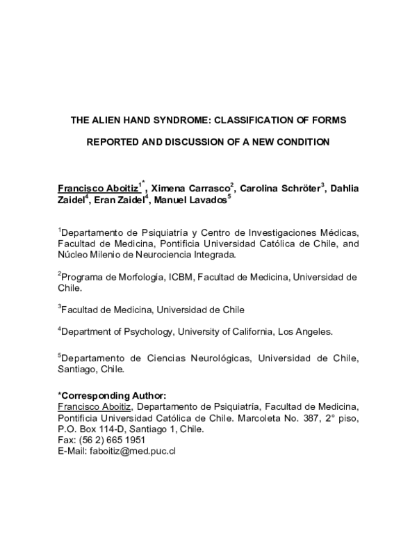 (PDF) The alien hand syndrome classification of forms reported and