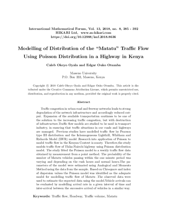 (PDF) Modelling of distribution of the "Matatu" traffic flow using ...