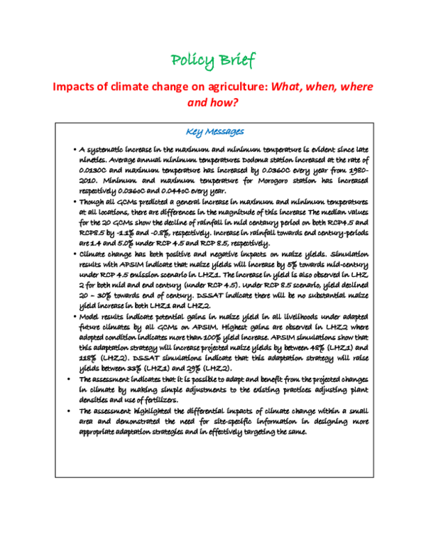 (PDF) Impacts of climate change on agriculture: What, when, where and how?