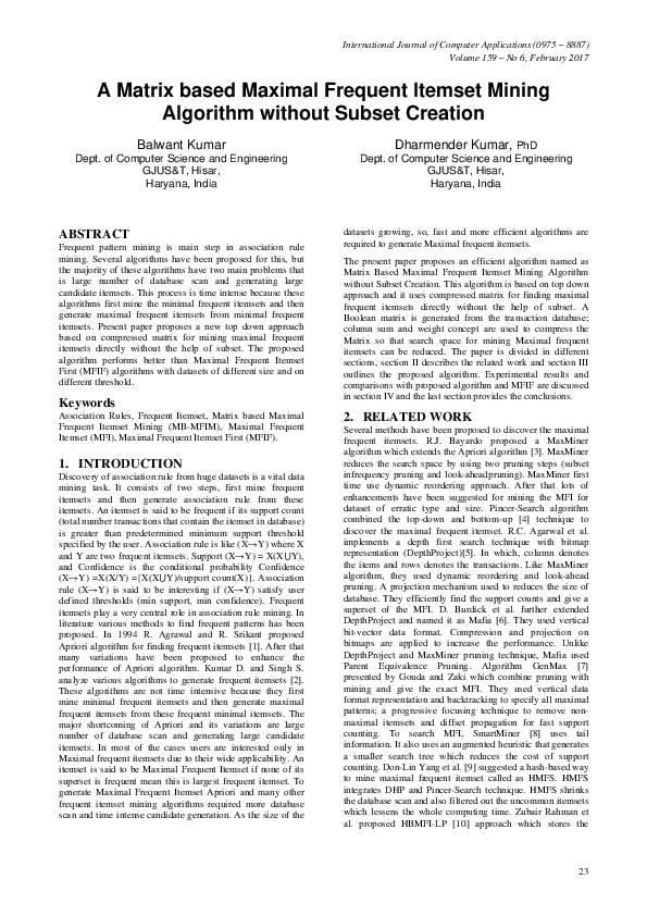 (PDF) A Matrix based Maximal Frequent Itemset Mining Algorithm without ...
