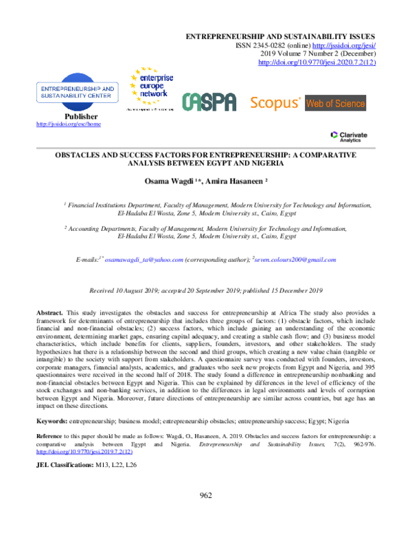 (PDF) Obstacles and success factors for entrepreneurship: a comparative ...