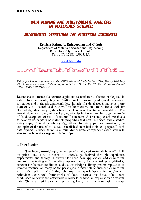 (PDF) Data Mining and Multivariate Analysis in Materials Science