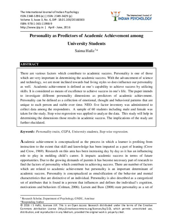 (PDF) Personality as Predictors of Academic Achievement among ...