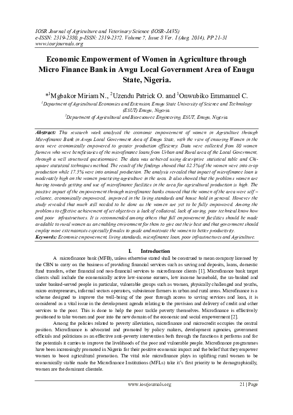 (PDF) Economic Empowerment of Women in Agriculture through Micro ...