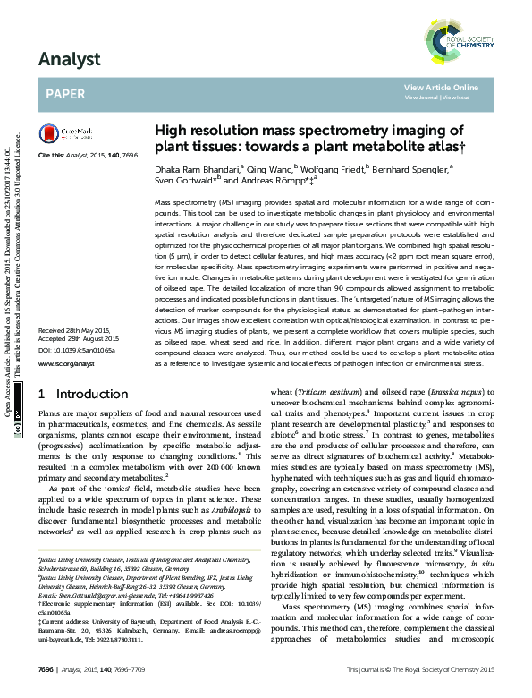 (PDF) High resolution mass spectrometry imaging of plant tissues ...