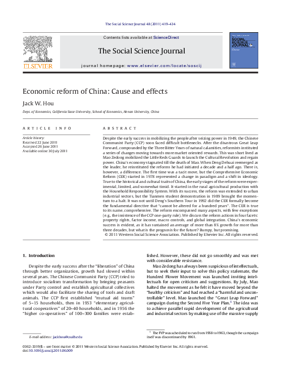 (PDF) Economic reform of China Cause and effects John Hou Academia.edu