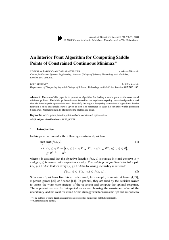 (PDF) An interior point algorithm for computing saddle points of ...