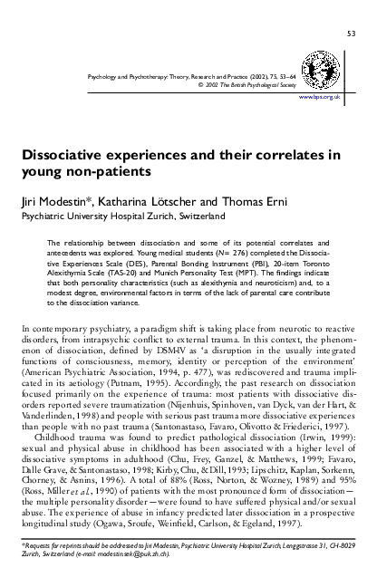 (PDF) Dissociative experiences and their correlates in young non-patients