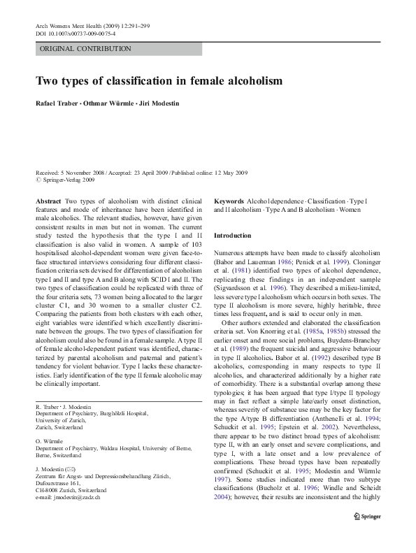 (PDF) Two types of classification in female alcoholism
