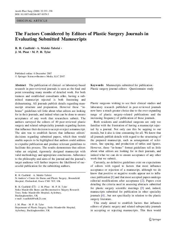 (PDF) The Factors Considered by Editors of Plastic Surgery Journals in