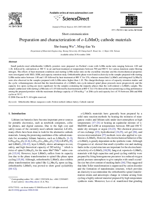 (PDF) Preparation and characterization of o-LiMnO2 cathode materials