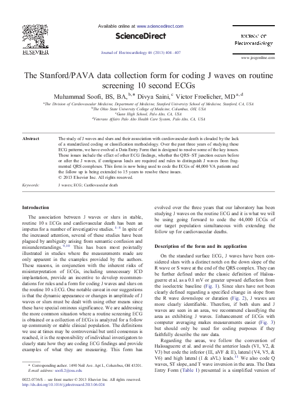 (PDF) The Stanford/PAVA data collection form for coding J waves on ...