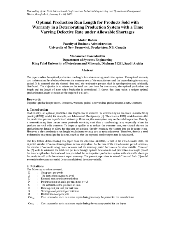 (PDF) Optimal Production Run Length for Products Sold with Warranty in ...