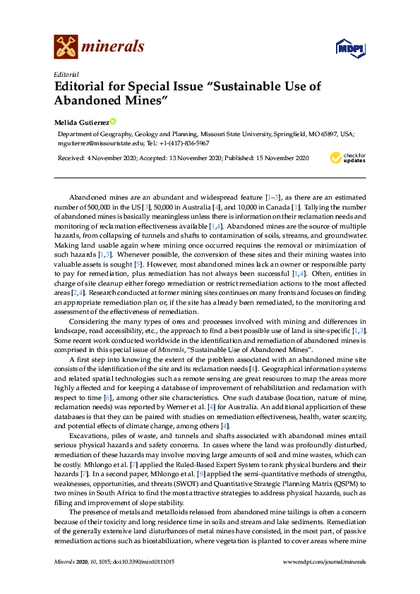 (PDF) Editorial for Special Issue “Sustainable Use of Abandoned Mines”