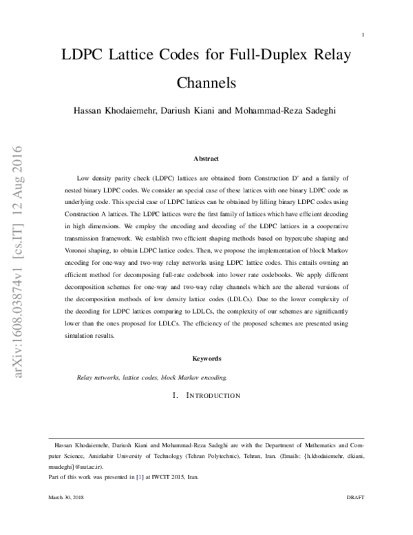 (PDF) LDPC Lattice Codes for Full-Duplex Relay Channels