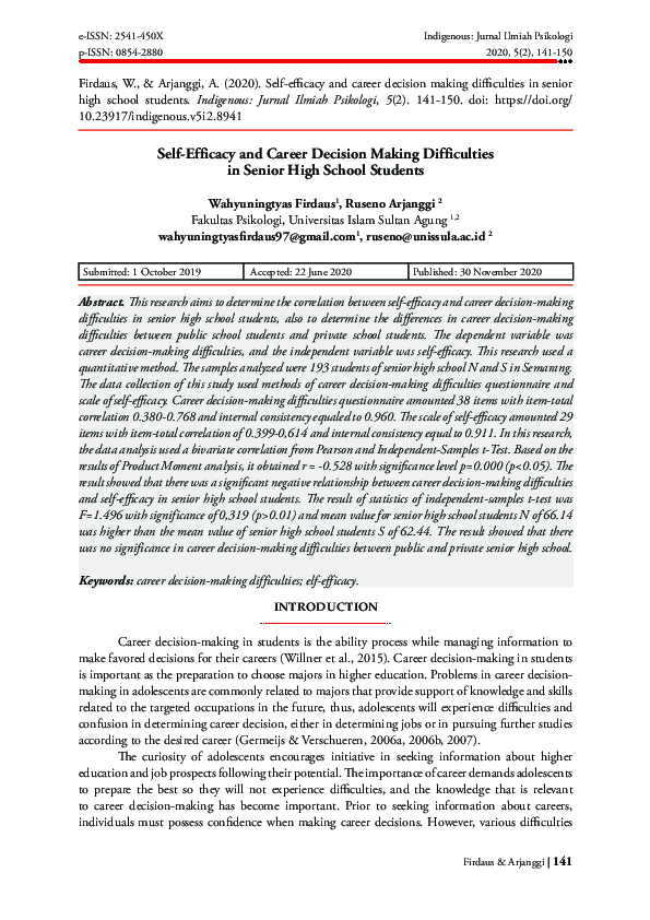 (PDF) Self-efficacy and career decision making difficulties in senior ...