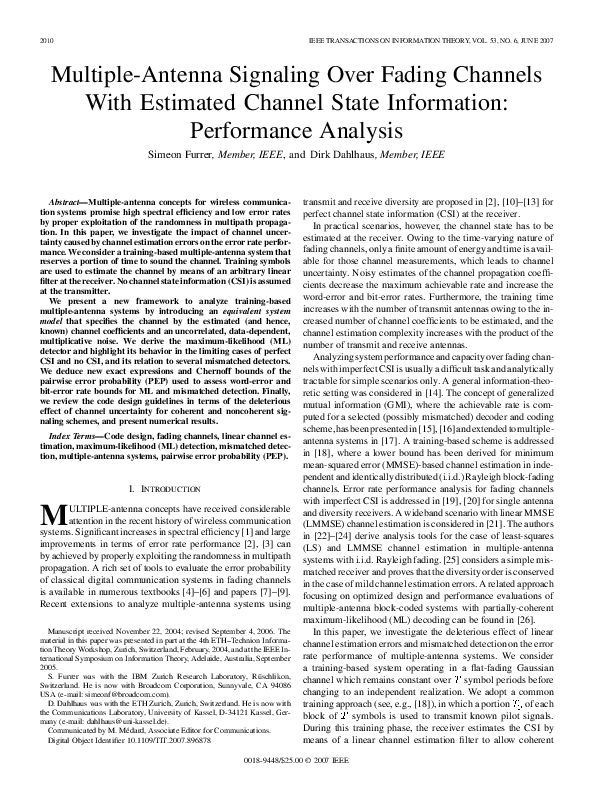 (PDF) MultipleAntenna Signaling Over Fading Channels With Estimated